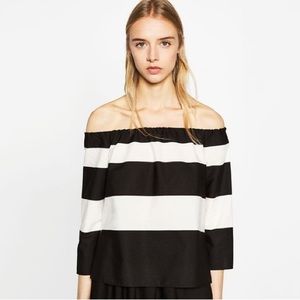 Zara Striped Black and White Off the Shoulder Top Size L